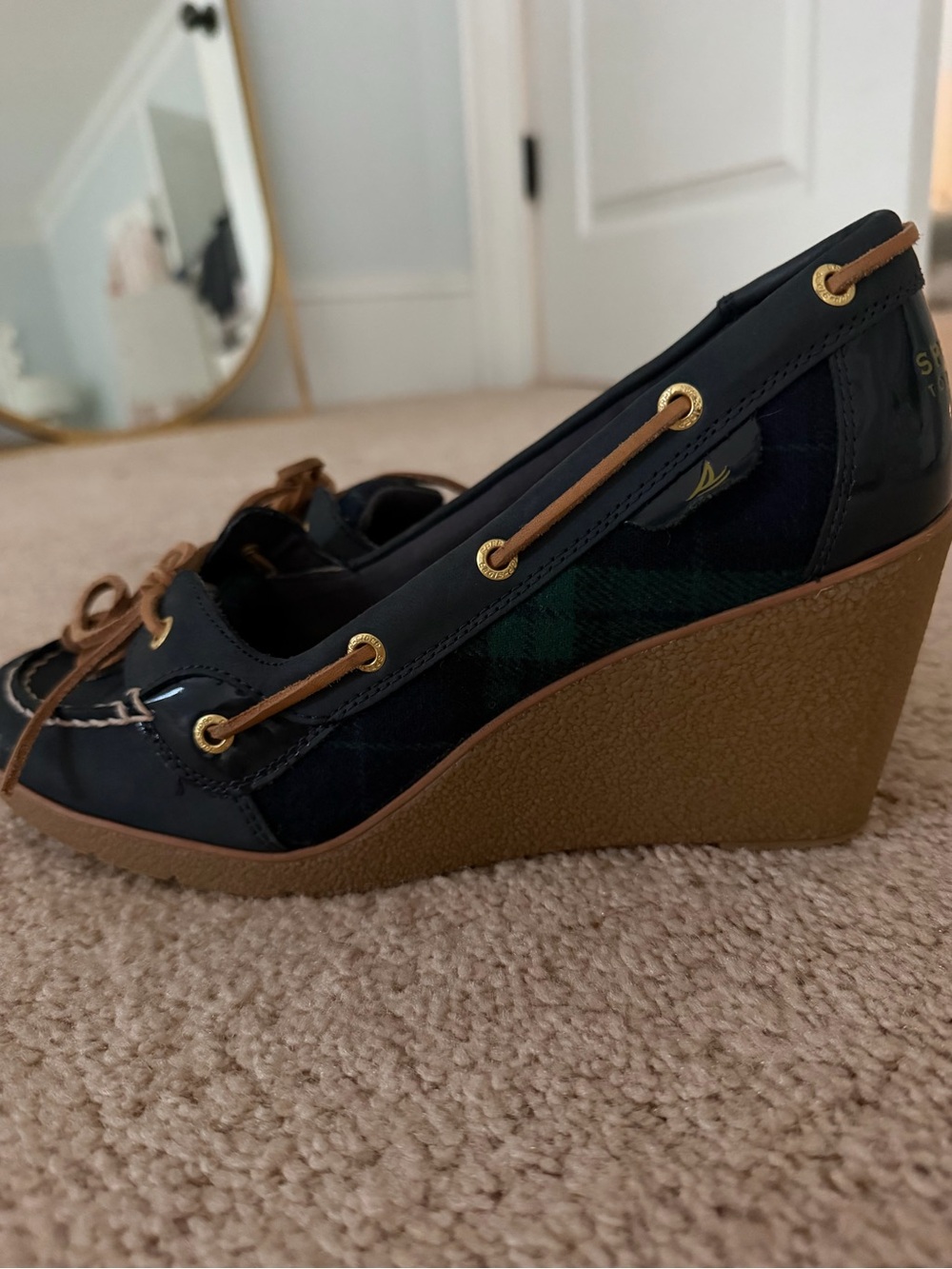 Sperry Navy and Green Plaid Wedge Boat Shoes with Tan Sole